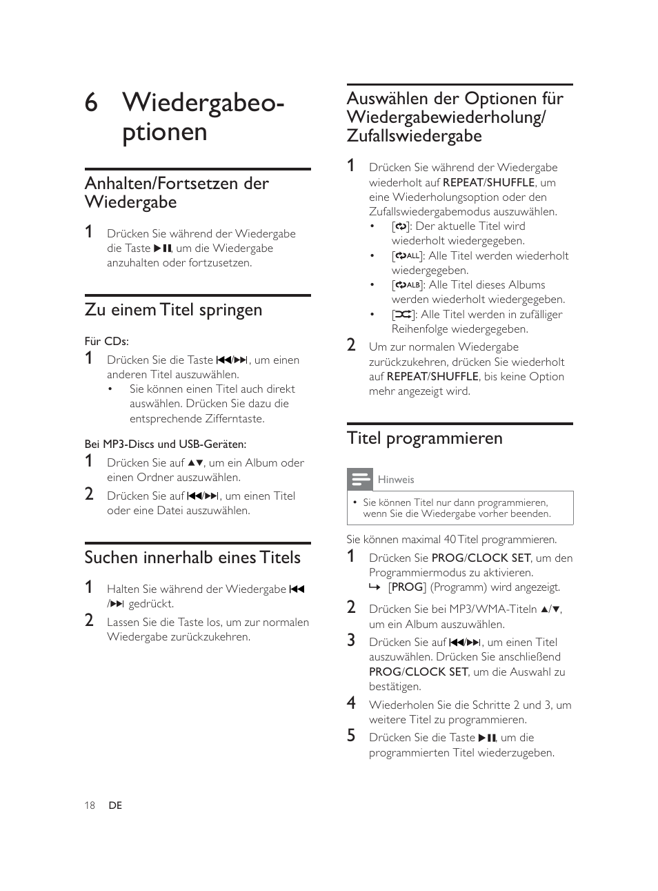 6 wiedergabeo- ptionen, Titel programmieren, Anhalten/fortsetzen der wiedergabe 1 | Zu einem titel springen, Suchen innerhalb eines titels 1 | Philips Élégante microchaîne User Manual | Page 60 / 180