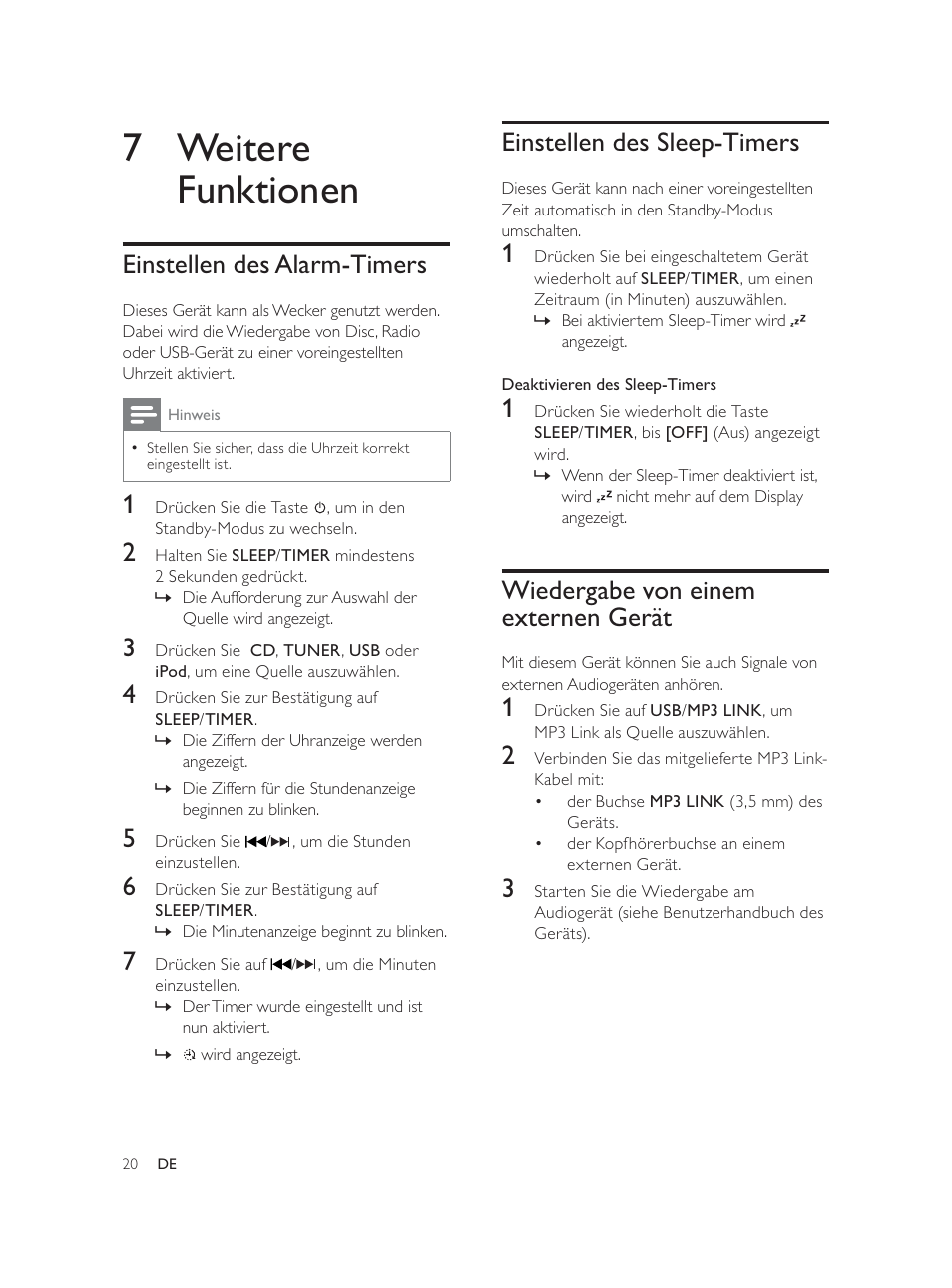 7 weitere funktionen, Einstellen des sleep-timers, Wiedergabe von einem externen gerät | Einstellen des alarm-timers | Philips Élégante microchaîne User Manual | Page 62 / 180