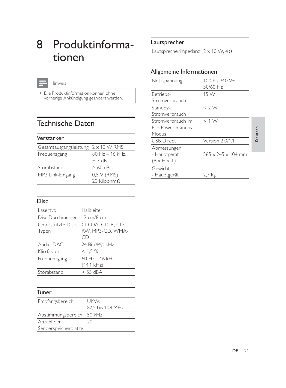 8 produktinforma- tionen, Technische daten | Philips Élégante microchaîne User Manual | Page 63 / 180