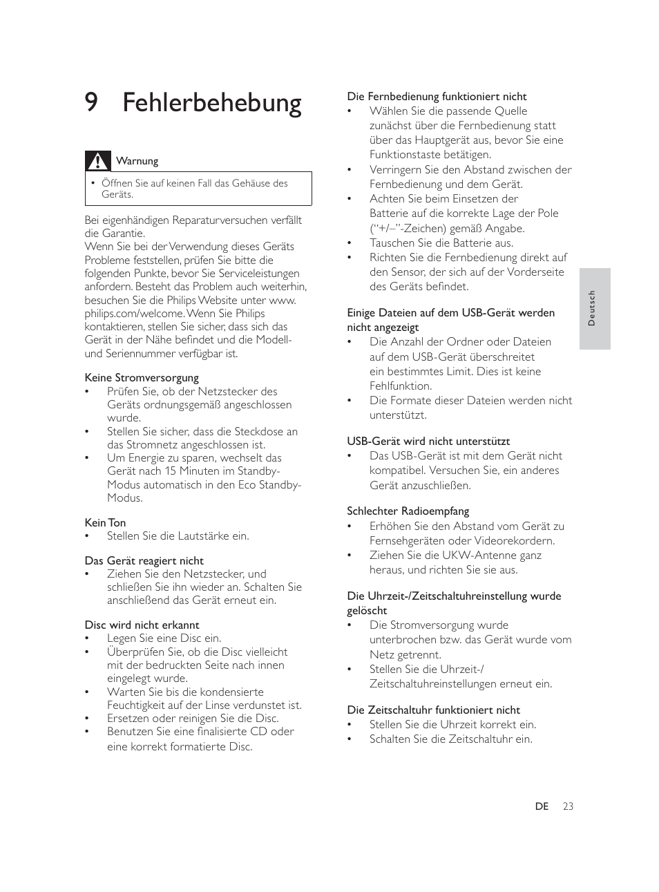 9 fehlerbehebung | Philips Élégante microchaîne User Manual | Page 65 / 180