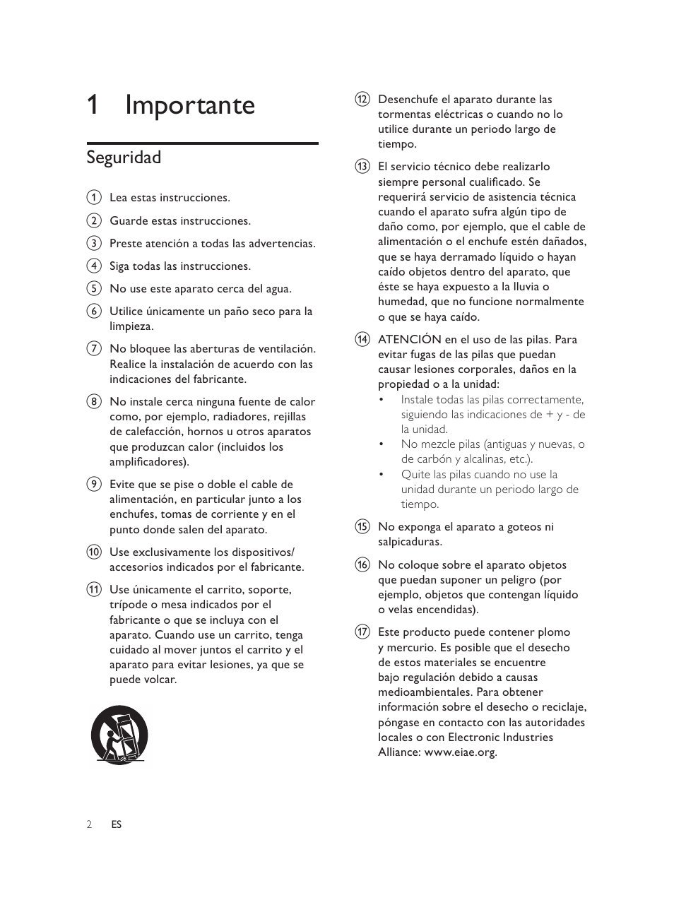 1 importante, Seguridad | Philips Élégante microchaîne User Manual | Page 67 / 180