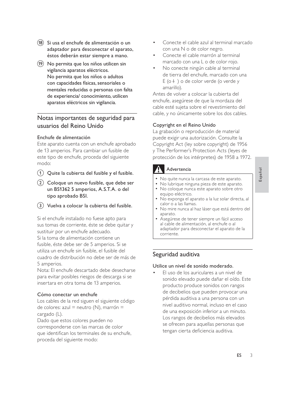 Seguridad auditiva | Philips Élégante microchaîne User Manual | Page 68 / 180