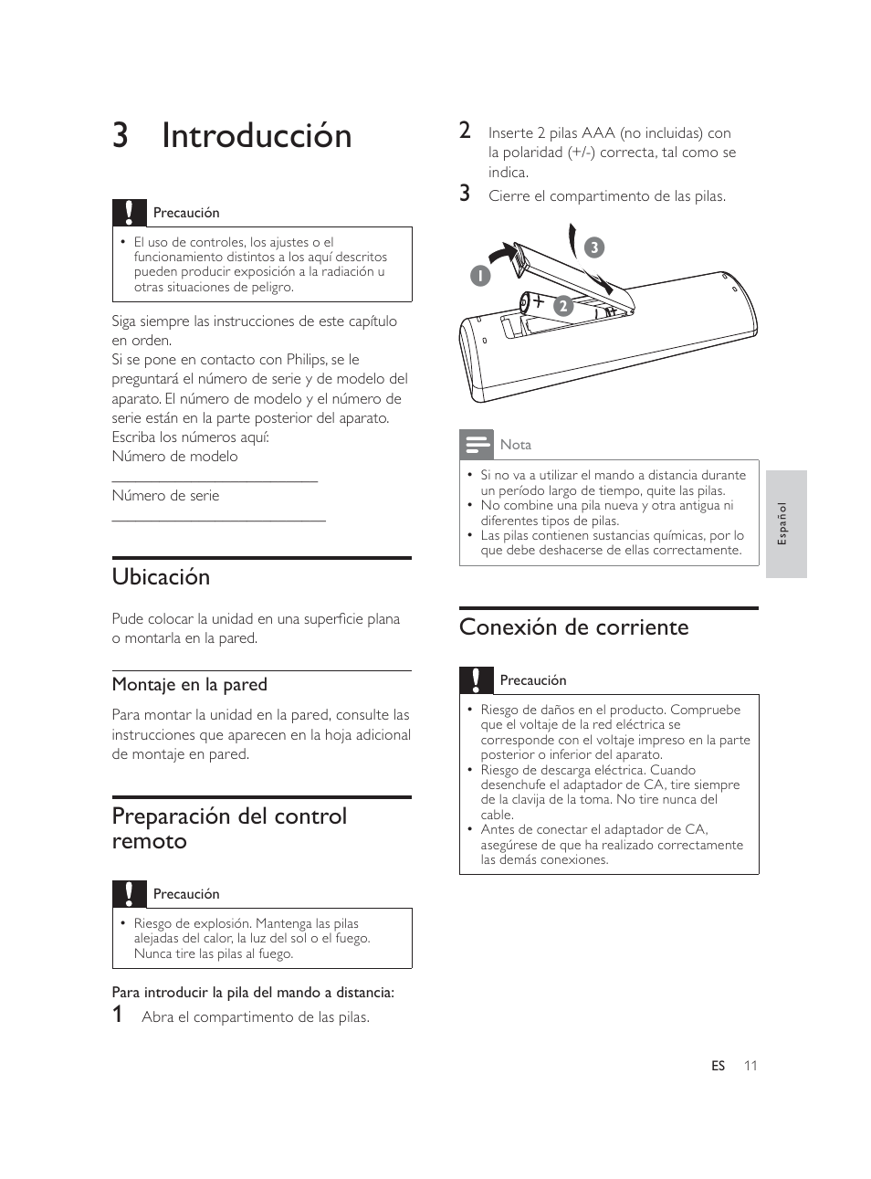 3 introducción, Conexión de corriente, Ubicación | Preparación del control remoto | Philips Élégante microchaîne User Manual | Page 76 / 180