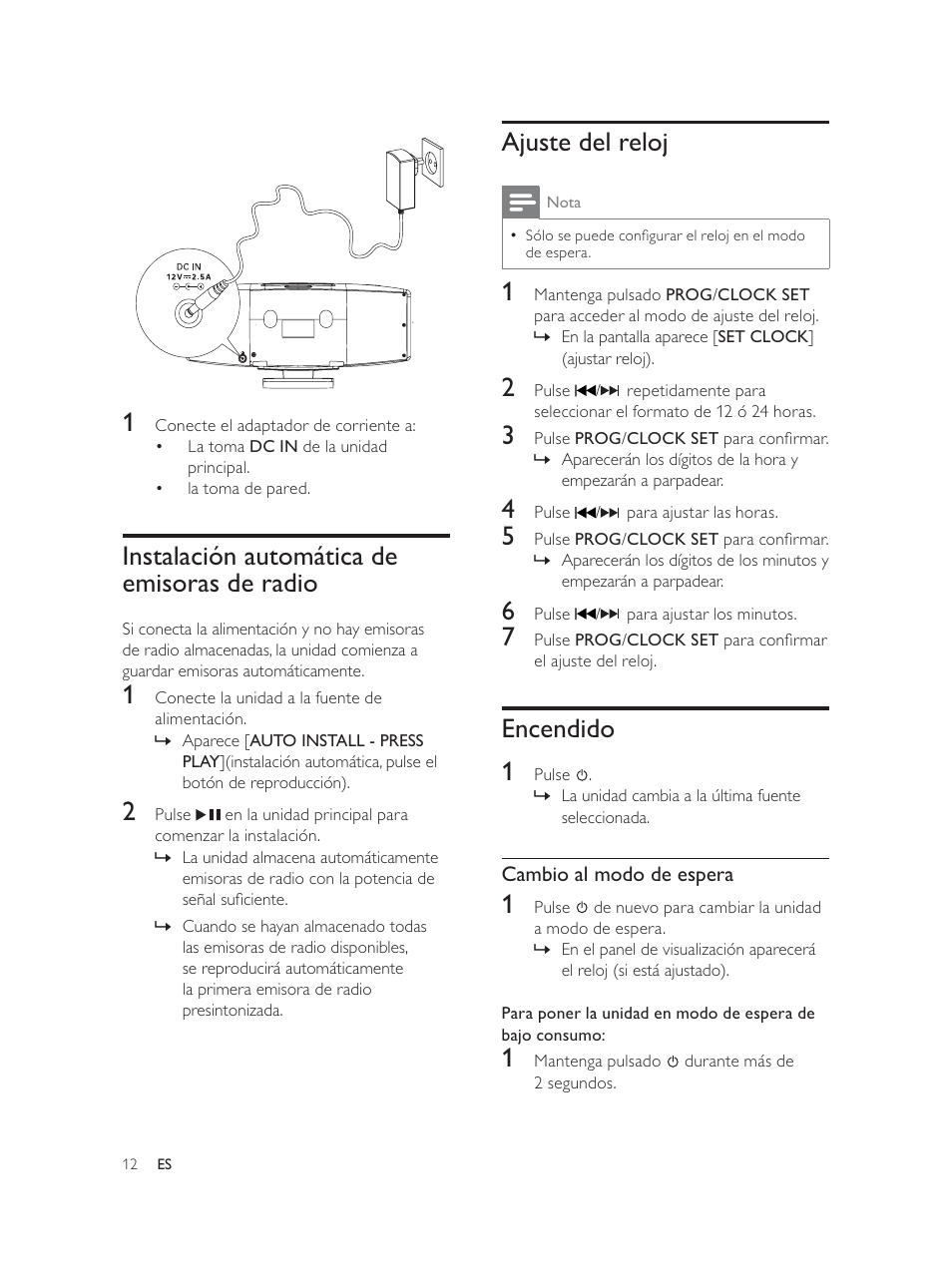 Ajuste del reloj, Encendido 1, Instalación automática de emisoras de radio | Philips Élégante microchaîne User Manual | Page 77 / 180