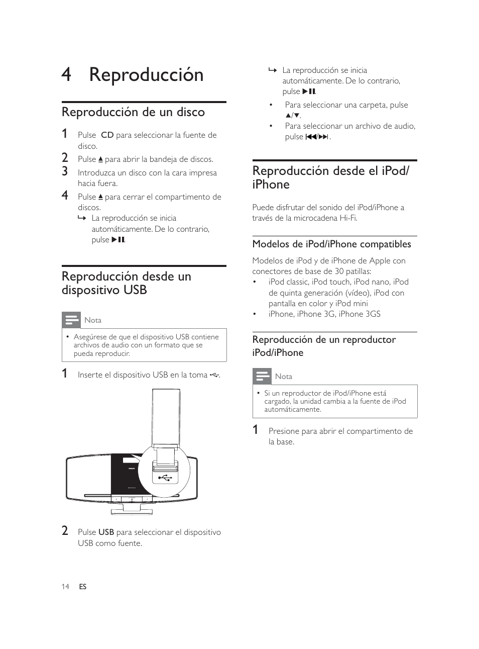 4 reproducción, Reproducción desde el ipod/ iphone, Reproducción de un disco 1 | Reproducción desde un dispositivo usb | Philips Élégante microchaîne User Manual | Page 79 / 180