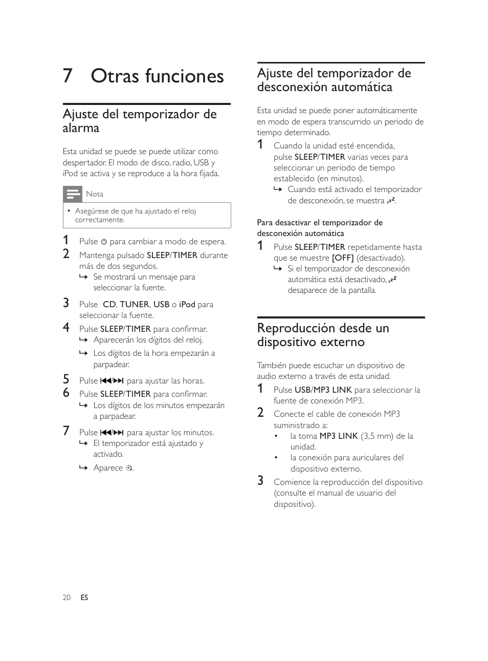7 otras funciones, Ajuste del temporizador de desconexión automática, Reproducción desde un dispositivo externo | Ajuste del temporizador de alarma | Philips Élégante microchaîne User Manual | Page 85 / 180