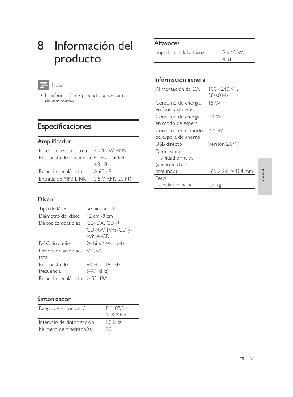 8 información del producto, Vshflàfdflrqhv | Philips Élégante microchaîne User Manual | Page 86 / 180