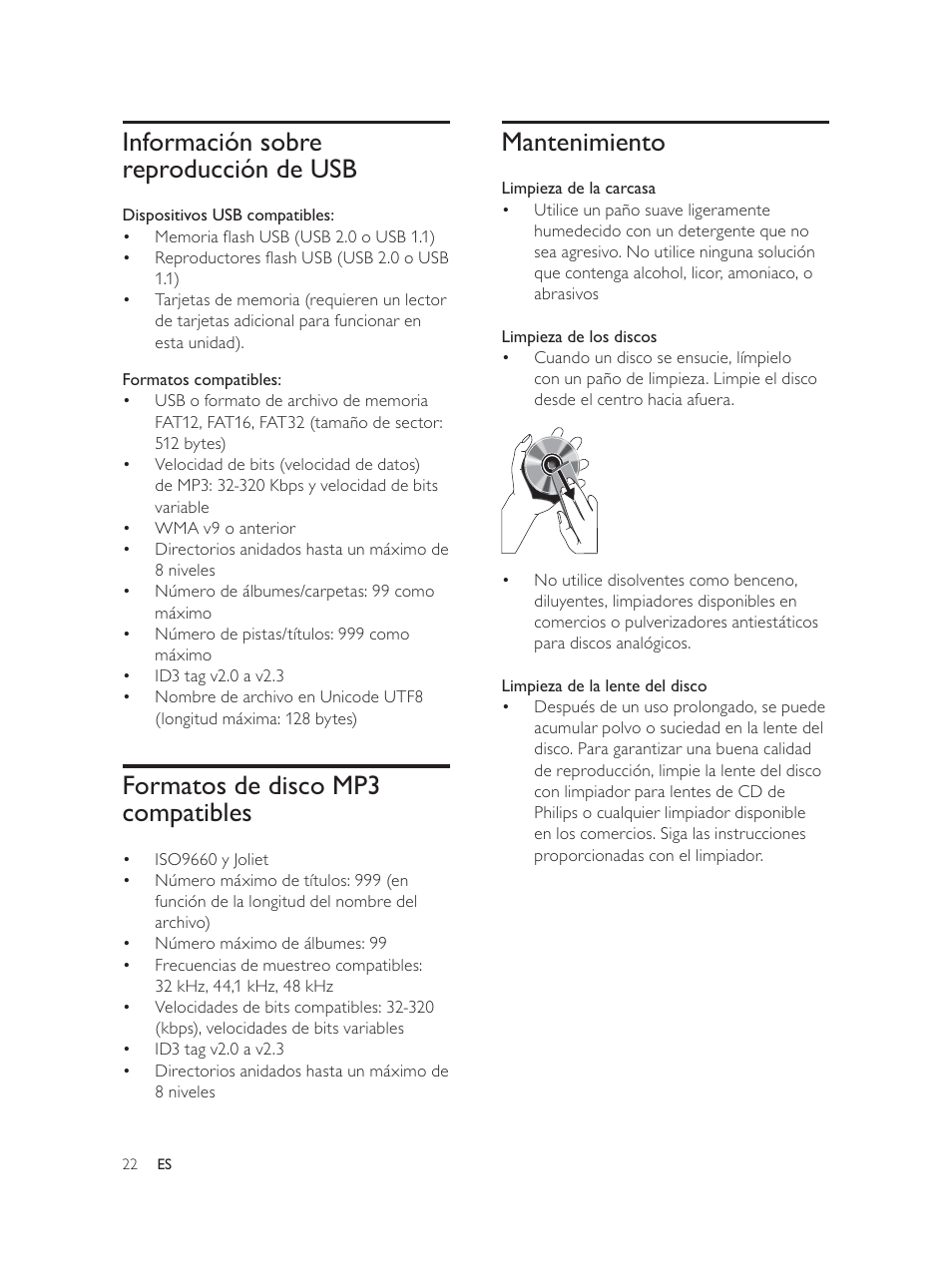 Mantenimiento, Información sobre reproducción de usb, Formatos de disco mp3 compatibles | Philips Élégante microchaîne User Manual | Page 87 / 180