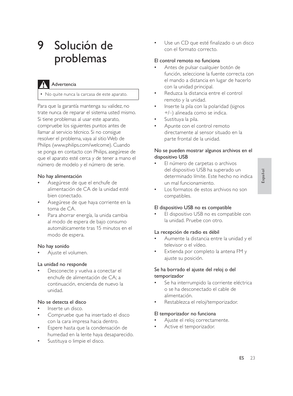 9 solución de problemas | Philips Élégante microchaîne User Manual | Page 88 / 180