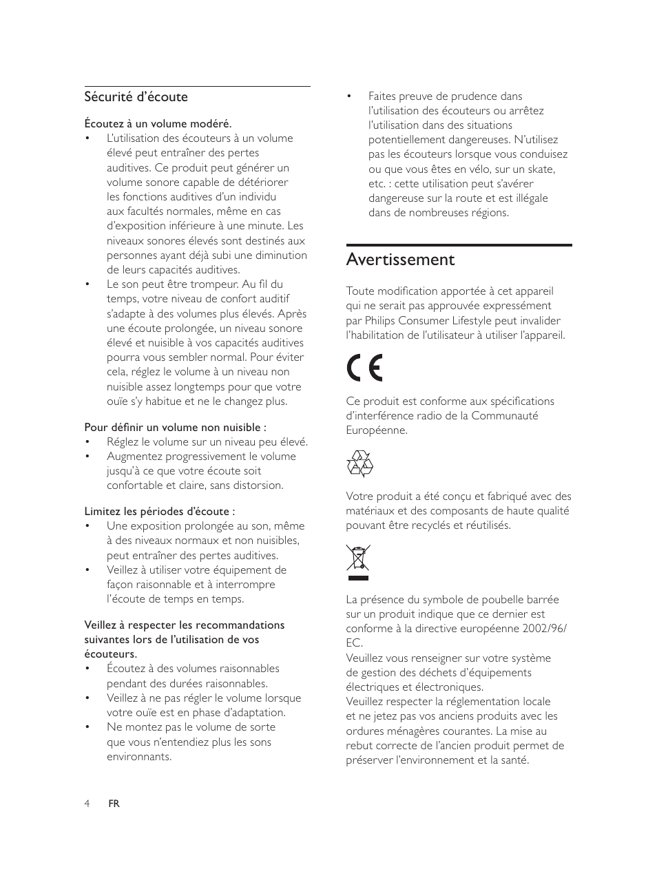 Avertissement, Sécurité d’écoute | Philips Élégante microchaîne User Manual | Page 92 / 180