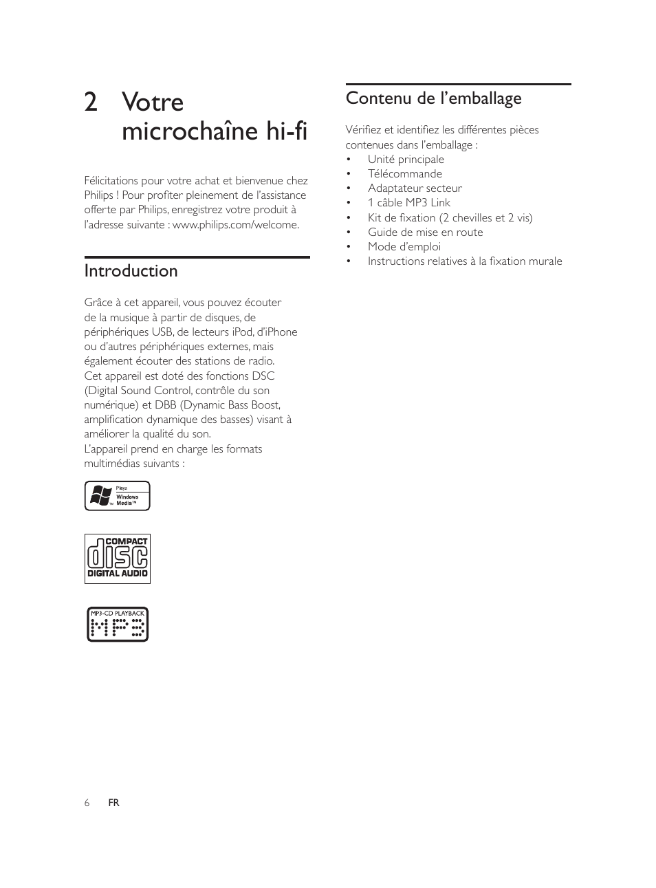 2 votre microchaîne hi-fi, Contenu de l’emballage, Introduction | Philips Élégante microchaîne User Manual | Page 94 / 180