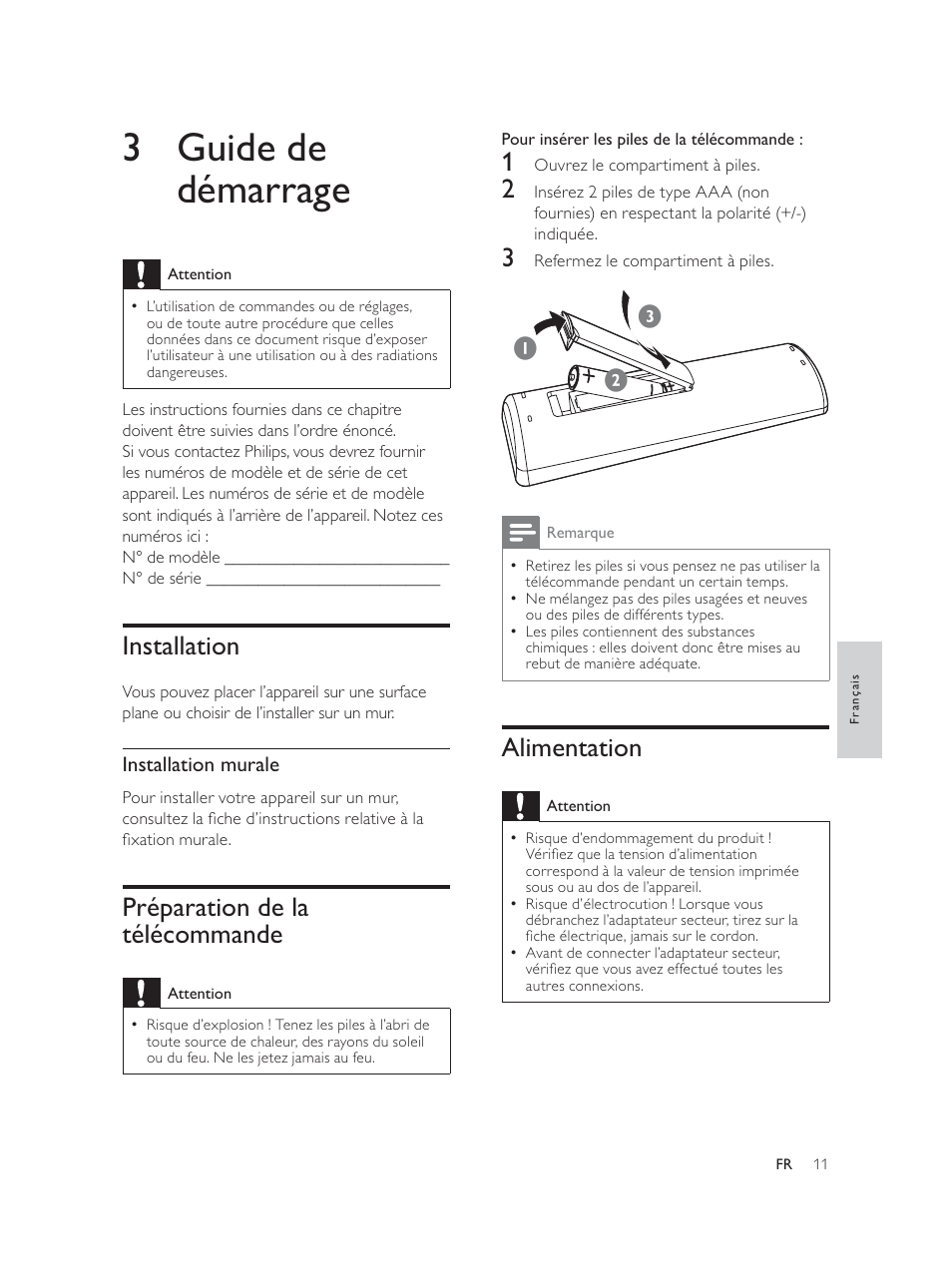 3 guide de démarrage, Alimentation, Installation | Préparation de la télécommande | Philips Élégante microchaîne User Manual | Page 99 / 180