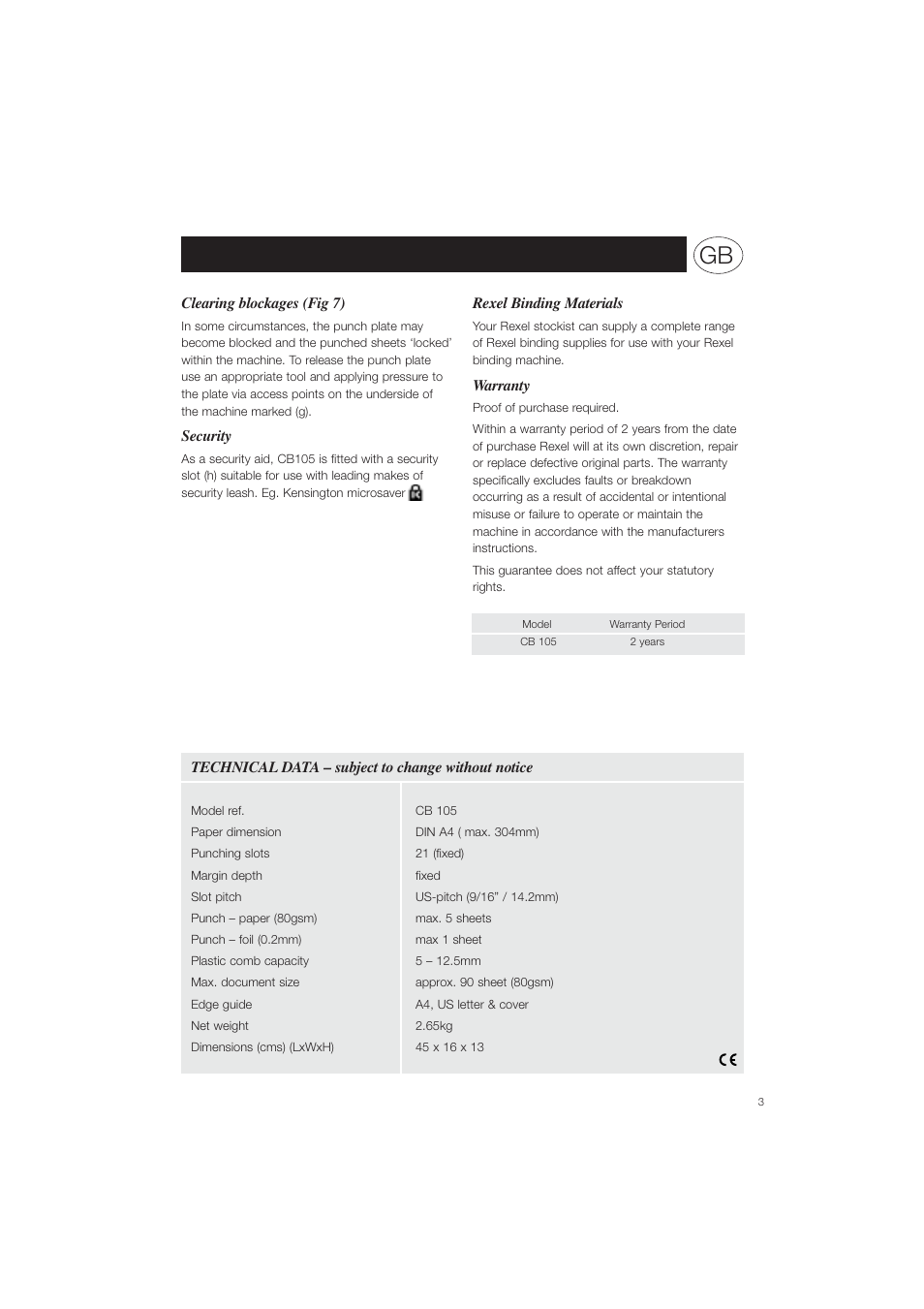 Clearing blockages (fig 7), Security, Rexel binding materials | Warranty, Technical data – subject to change without notice | ACCO CB105 User Manual | Page 7 / 8