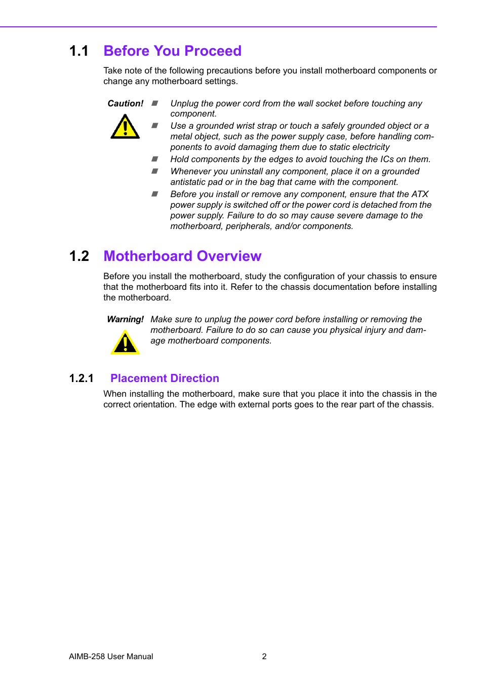 1 before you proceed, 2 motherboard overview, 1 placement direction | Before you proceed, Motherboard overview 1.2.1, Placement direction | Advantech AIMB-258 User Manual | Page 10 / 84