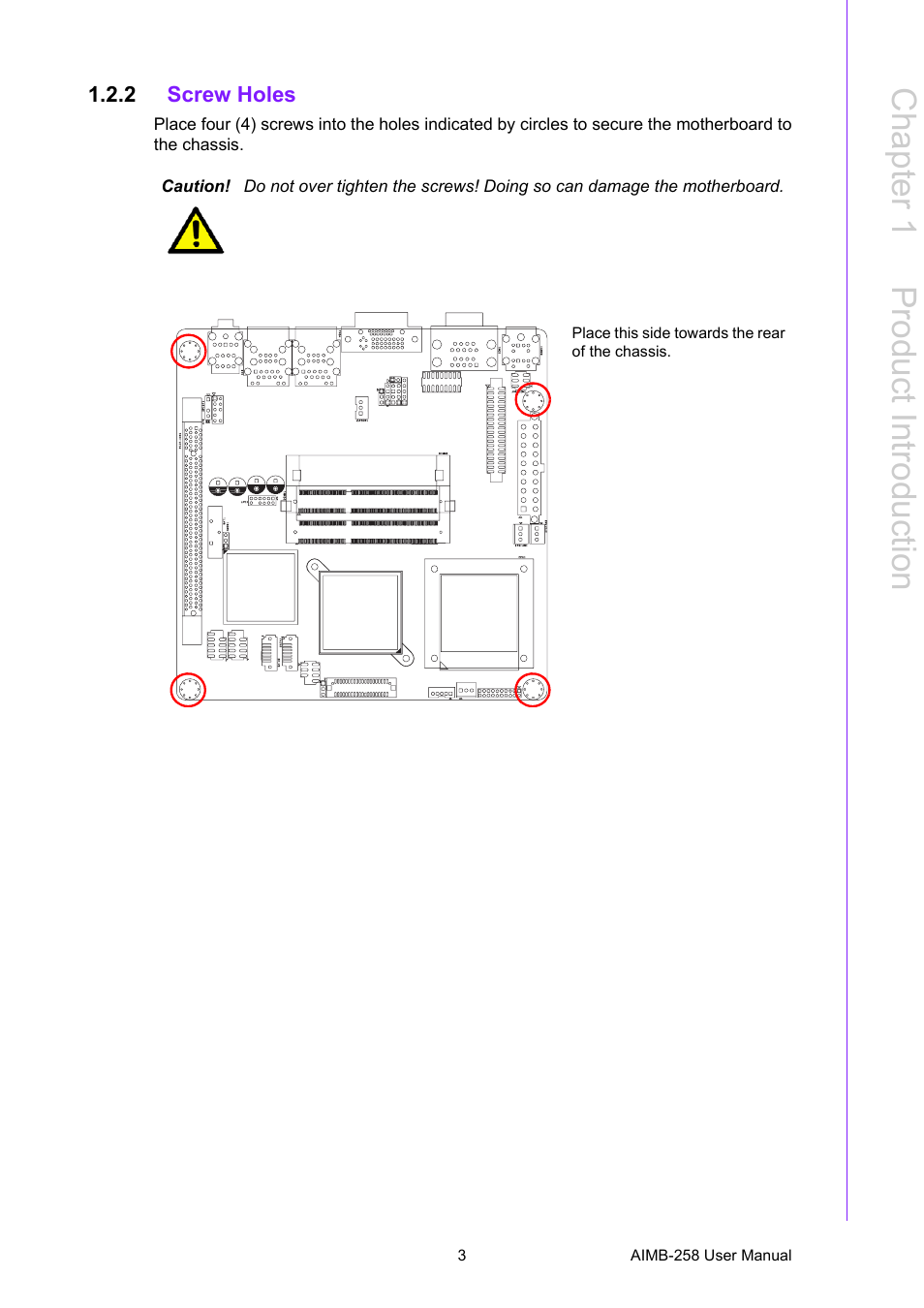 2 screw holes, Screw holes, Chapter 1 p roduct introduction | Advantech AIMB-258 User Manual | Page 11 / 84