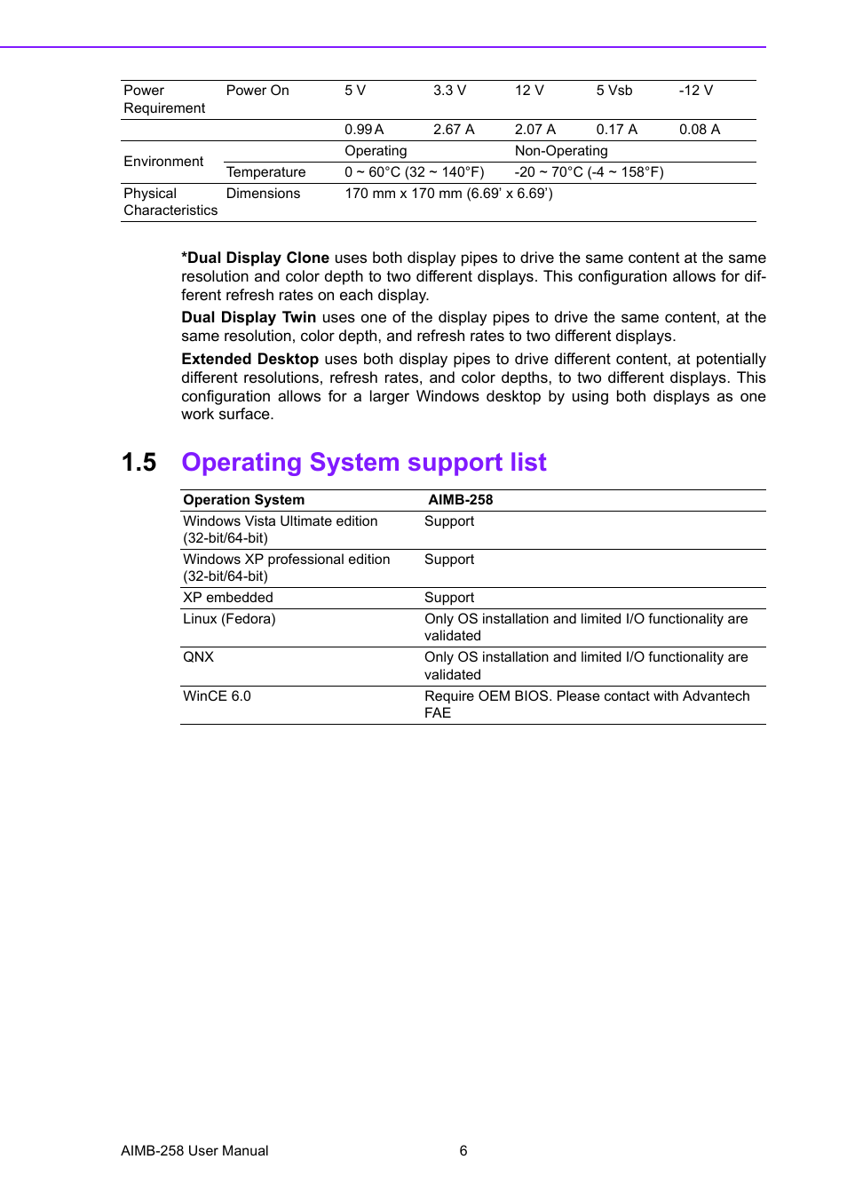 5 operating system support list, Operating system support list | Advantech AIMB-258 User Manual | Page 14 / 84
