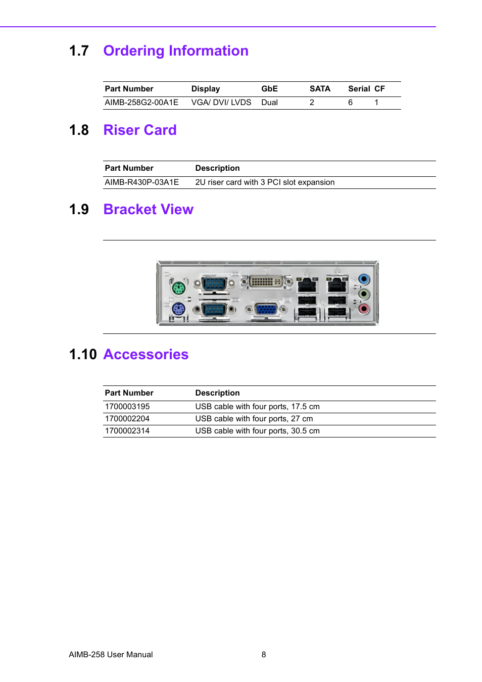 7 ordering information, 8 riser card, 9 bracket view | 10 accessories, Ordering information, Riser card, Bracket view, Accessories | Advantech AIMB-258 User Manual | Page 16 / 84