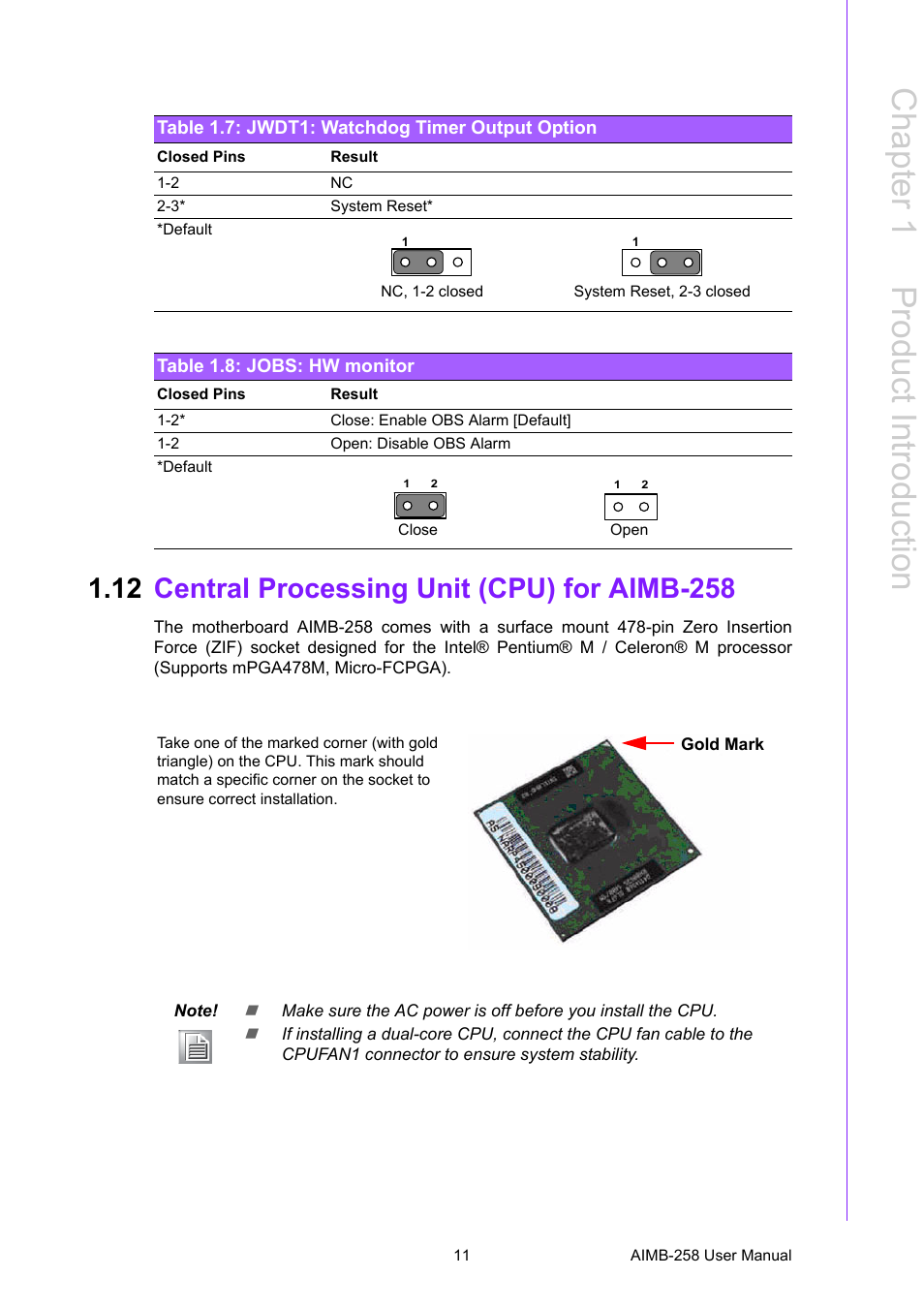 Table 1.7: jwdt1: watchdog timer output option, Table 1.8: jobs: hw monitor, 12 central processing unit (cpu) for aimb-258 | Central processing unit (cpu) for aimb-258, Chapter 1 p roduct introduction | Advantech AIMB-258 User Manual | Page 19 / 84