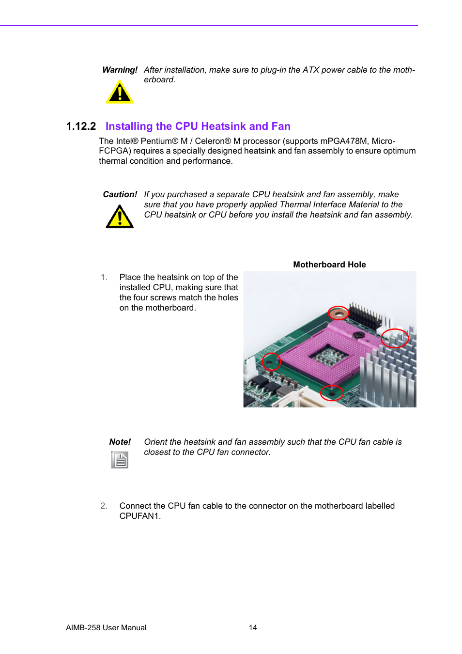 2 installing the cpu heatsink and fan | Advantech AIMB-258 User Manual | Page 22 / 84