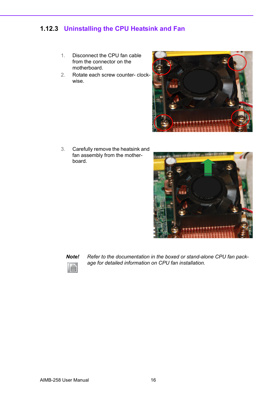 3 uninstalling the cpu heatsink and fan | Advantech AIMB-258 User Manual | Page 24 / 84