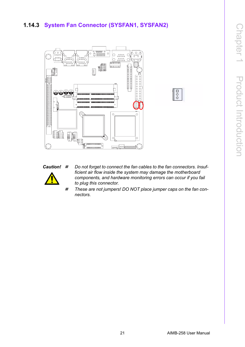3 system fan connector (sysfan1, sysfan2), Chapter 1 p roduct introduction | Advantech AIMB-258 User Manual | Page 29 / 84