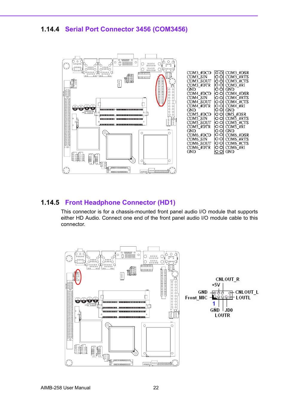 4 serial port connector 3456 (com3456), 5 front headphone connector (hd1) | Advantech AIMB-258 User Manual | Page 30 / 84