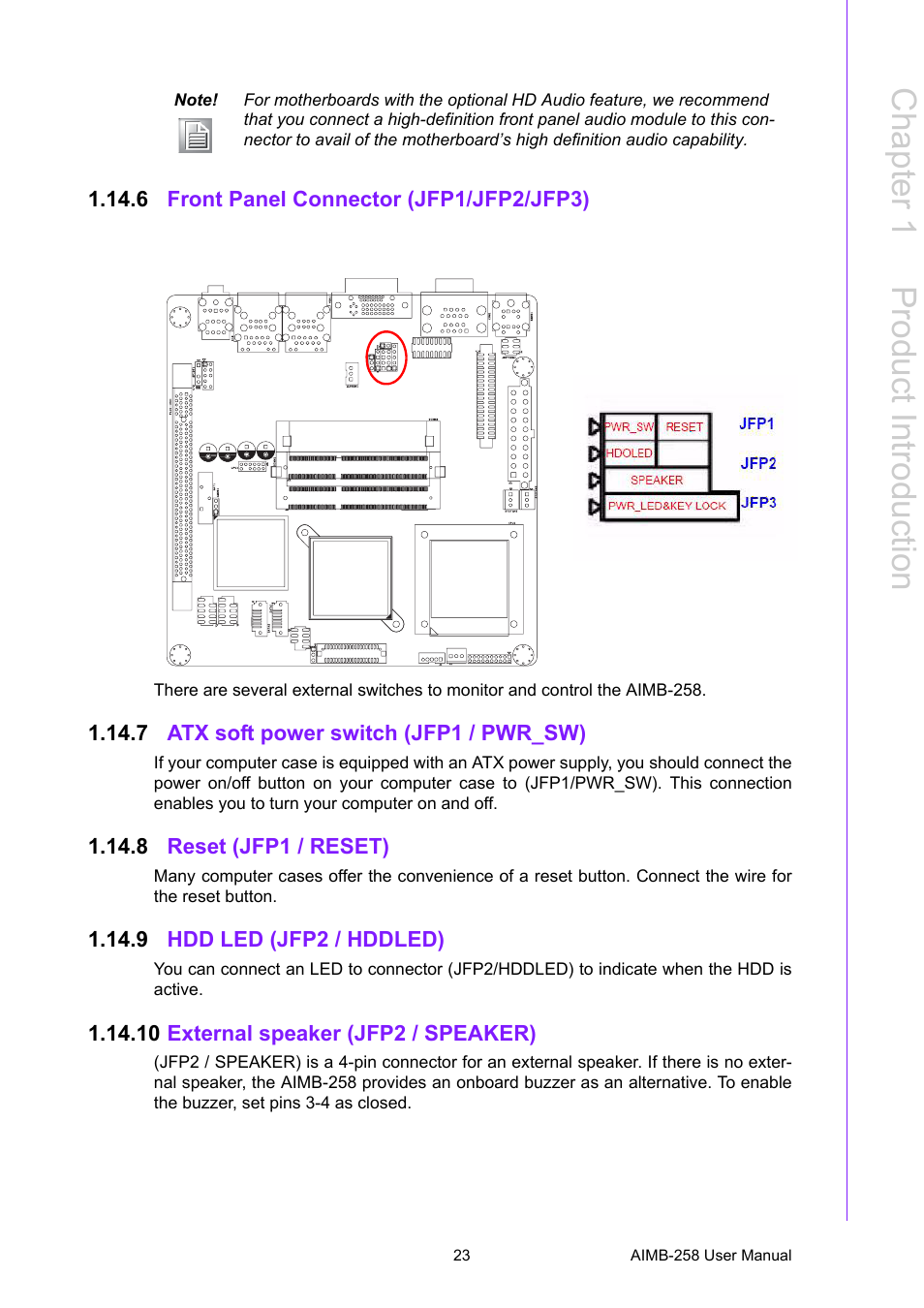 6 front panel connector (jfp1/jfp2/jfp3), 7 atx soft power switch (jfp1 / pwr_sw), 8 reset (jfp1 / reset) | 9 hdd led (jfp2 / hddled), 10 external speaker (jfp2 / speaker), Chapter 1 p roduct introduction | Advantech AIMB-258 User Manual | Page 31 / 84
