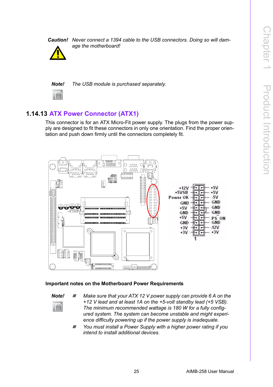 13 atx power connector (atx1), 13atx power connector (atx1), Chapter 1 p roduct introduction | Advantech AIMB-258 User Manual | Page 33 / 84