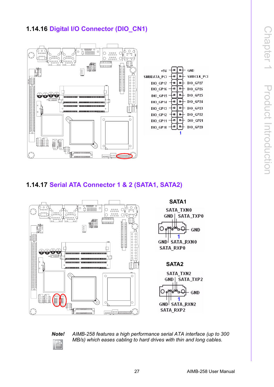 16 digital i/o connector (dio_cn1), 17 serial ata connector 1 & 2 (sata1, sata2), 16digital i/o connector (dio_cn1) | 17serial ata connector 1 & 2 (sata1, sata2), Chapter 1 p roduct introduction | Advantech AIMB-258 User Manual | Page 35 / 84