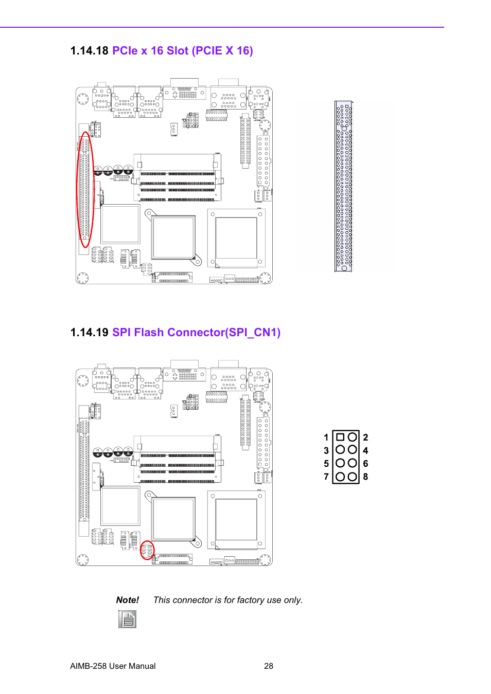 18 pcie x 16 slot (pcie x 16), 19 spi flash connector(spi_cn1) | Advantech AIMB-258 User Manual | Page 36 / 84