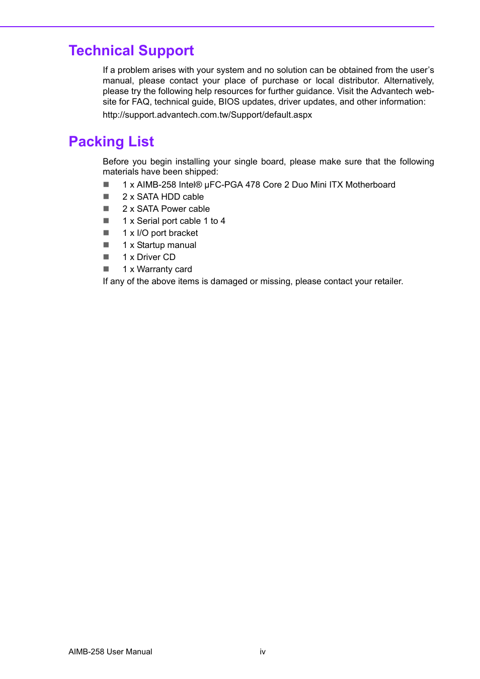 Technical support, Packing list | Advantech AIMB-258 User Manual | Page 4 / 84