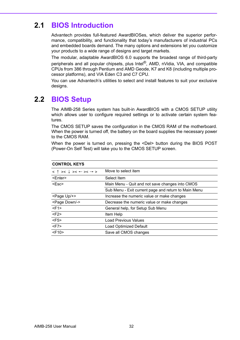 1 bios introduction, 2 bios setup, Bios introduction | Bios setup | Advantech AIMB-258 User Manual | Page 40 / 84