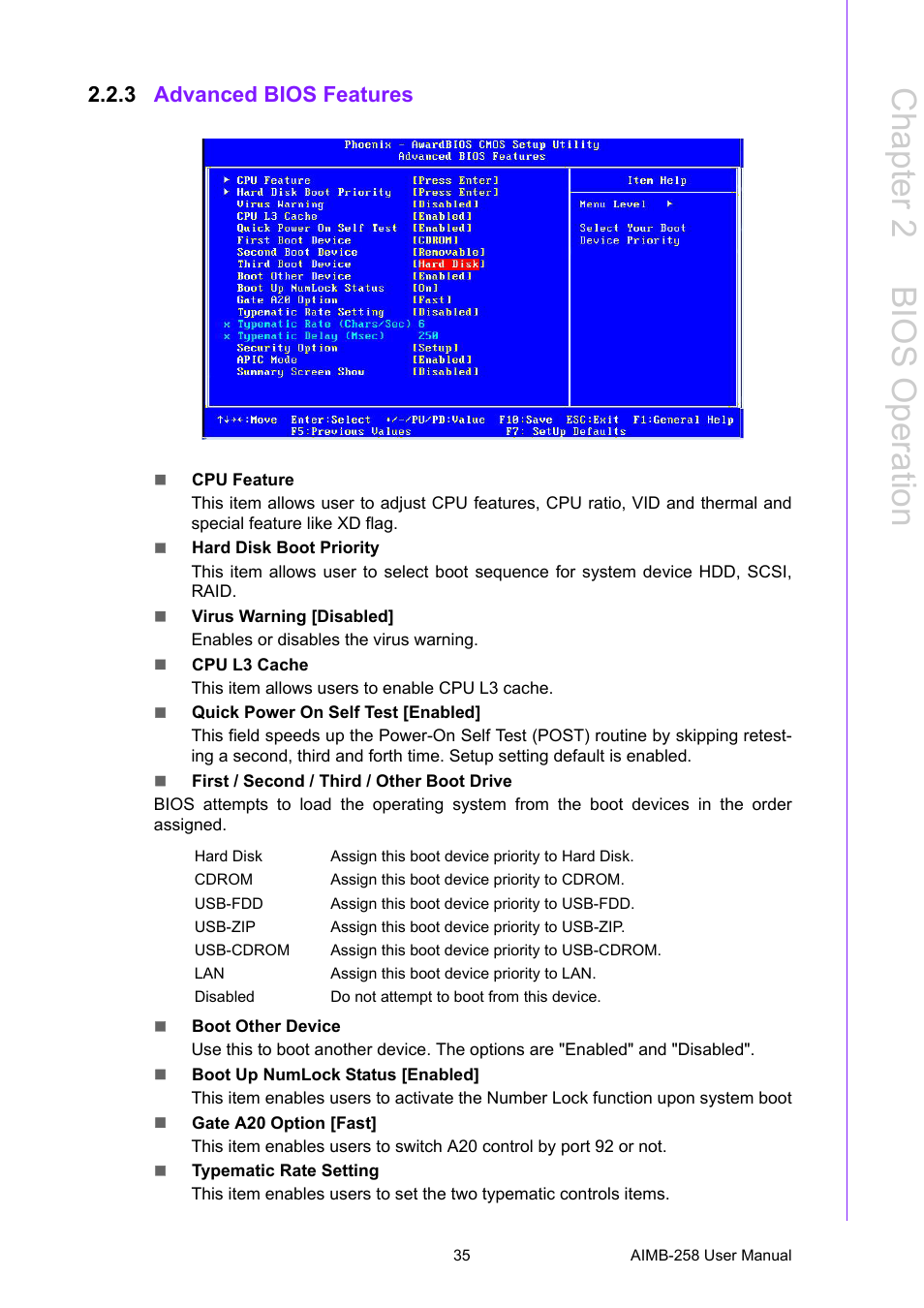 3 advanced bios features, Advanced bios features, Chapter 2 b ios operation | Advantech AIMB-258 User Manual | Page 43 / 84