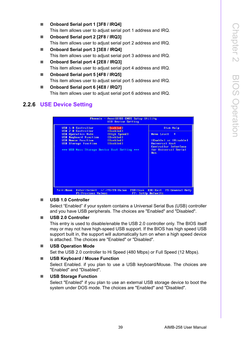 6 use device setting, Use device setting, Chapter 2 b ios operation | Advantech AIMB-258 User Manual | Page 47 / 84