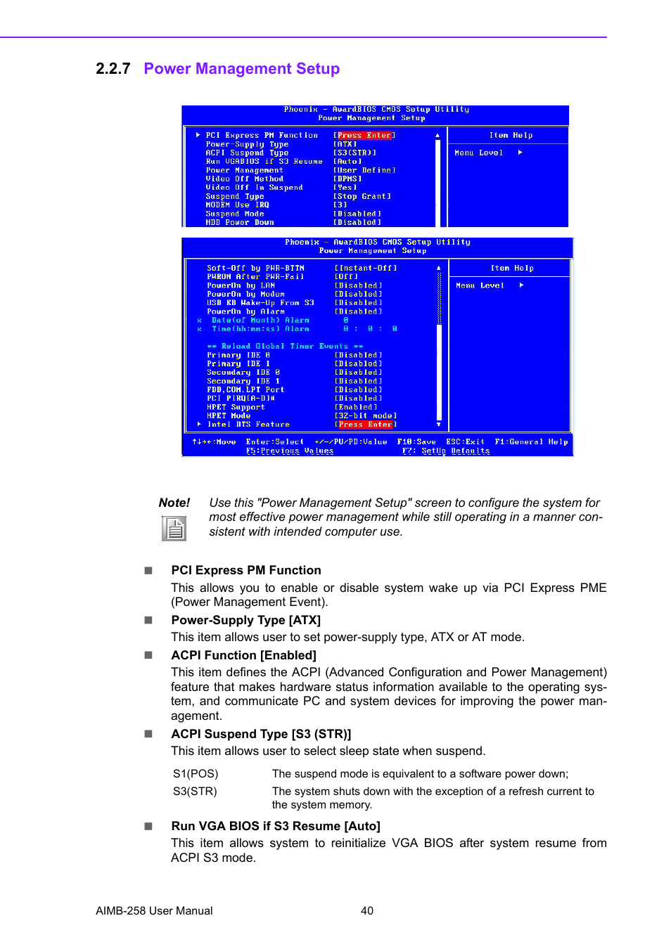 7 power management setup, Power management setup | Advantech AIMB-258 User Manual | Page 48 / 84