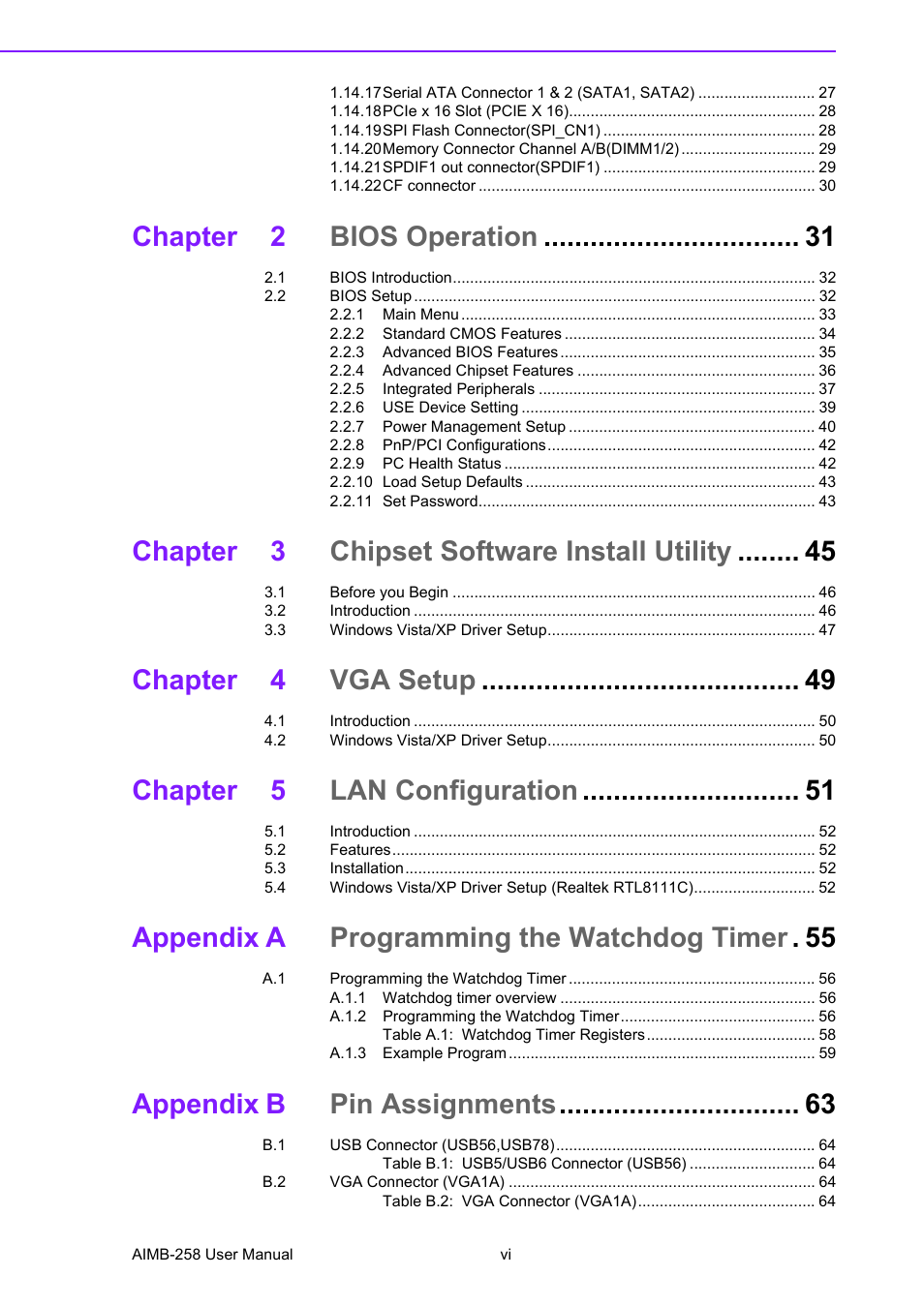 Chapter 2 bios operation, Chapter 3 chipset software install utility, Chapter 4 vga setup | Chapter 5 lan configuration, Appendix a programming the watchdog timer . 55, Appendix b pin assignments | Advantech AIMB-258 User Manual | Page 6 / 84