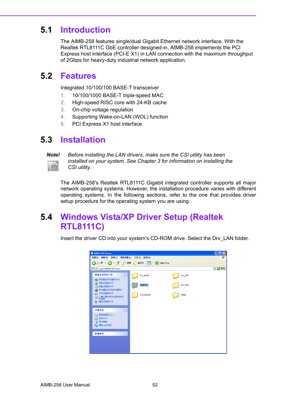 1 introduction, 2 features, 3 installation | 4 windows vista/xp driver setup (realtek rtl8111c), Introduction, Features, Installation, Windows vista/xp driver setup (realtek rtl8111c) | Advantech AIMB-258 User Manual | Page 60 / 84
