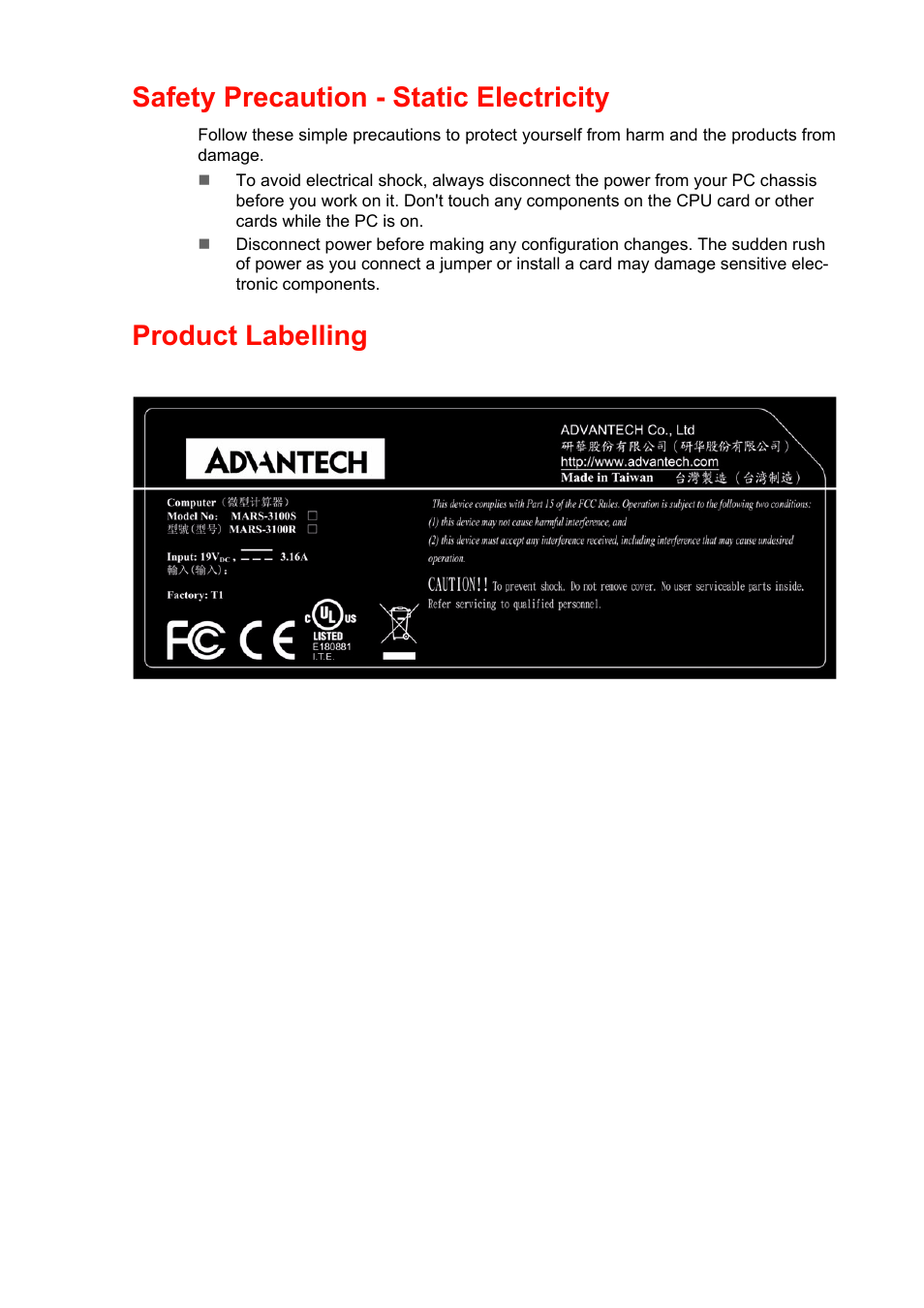 Safety precaution - static electricity, Product labelling | Advantech MARS-3100R/S User Manual | Page 10 / 98