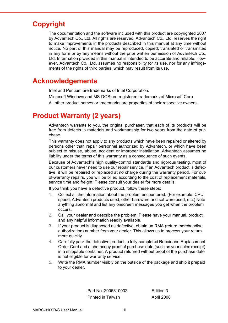 Copyright, Acknowledgements, Product warranty (2 years) | Advantech MARS-3100R/S User Manual | Page 2 / 98