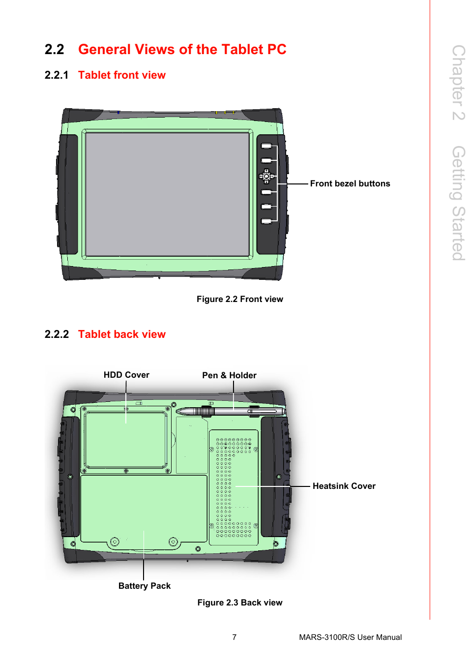 2 general views of the tablet pc, 1 tablet front view, Figure 2.2 front view | 2 tablet back view, Figure 2.3 back view, General views of the tablet pc 2.2.1, Tablet front view figure 2.2, Front view, Tablet back view figure 2.3, Back view | Advantech MARS-3100R/S User Manual | Page 21 / 98