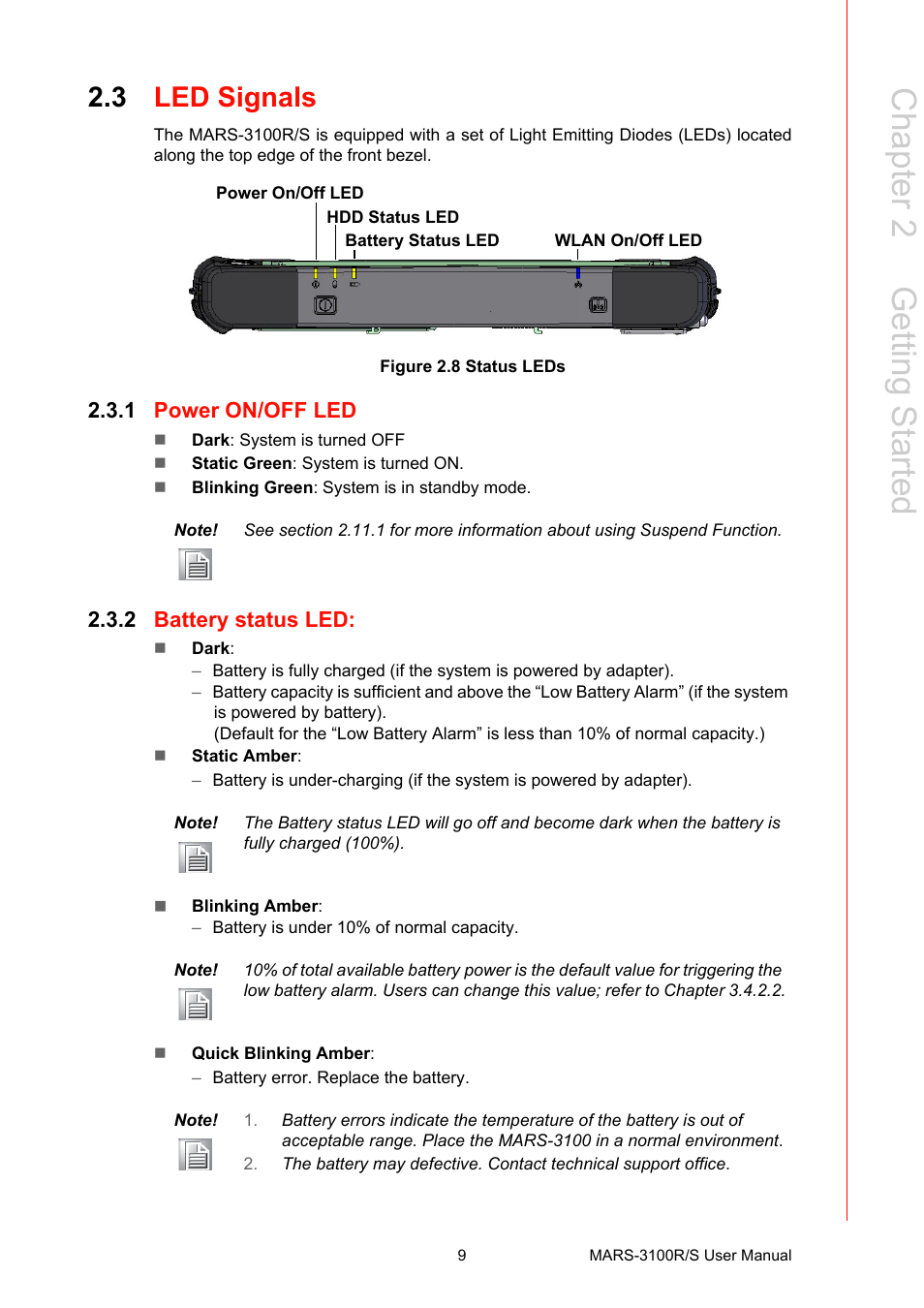 3 led signals, Figure 2.8 status leds, 1 power on/off led | 2 battery status led, Led signals, Figure 2.8, Status leds, Power on/off led, Battery status led, Chapter 2 g etting started | Advantech MARS-3100R/S User Manual | Page 23 / 98