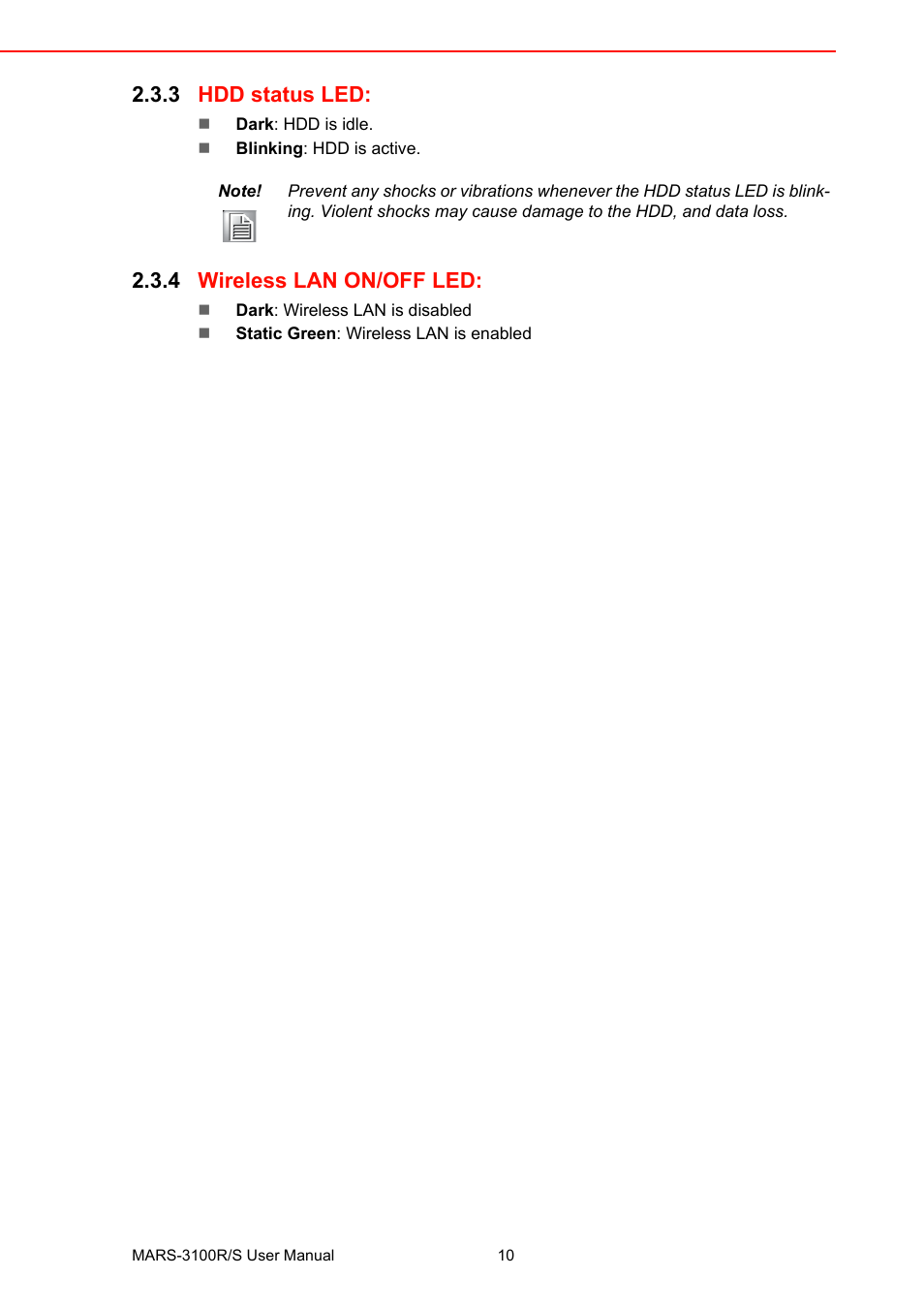 3 hdd status led, 4 wireless lan on/off led, Hdd status led | Wireless lan on/off led | Advantech MARS-3100R/S User Manual | Page 24 / 98