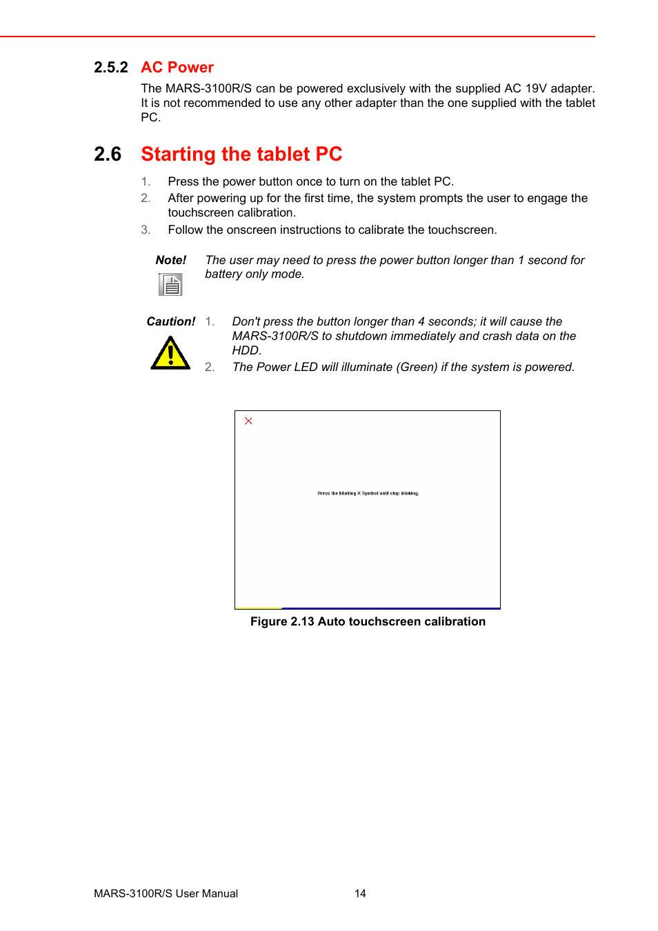 2 ac power, 6 starting the tablet pc, Figure 2.13 auto touchscreen calibration | Ac power, Starting the tablet pc | Advantech MARS-3100R/S User Manual | Page 28 / 98