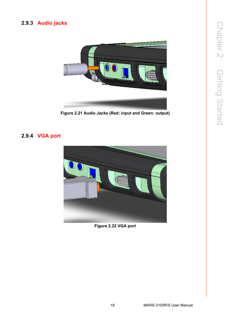 3 audio jacks, 4 vga port, Figure 2.22 vga port | Vga port figure 2.22 vga port, Chapter 2 g etting started | Advantech MARS-3100R/S User Manual | Page 33 / 98