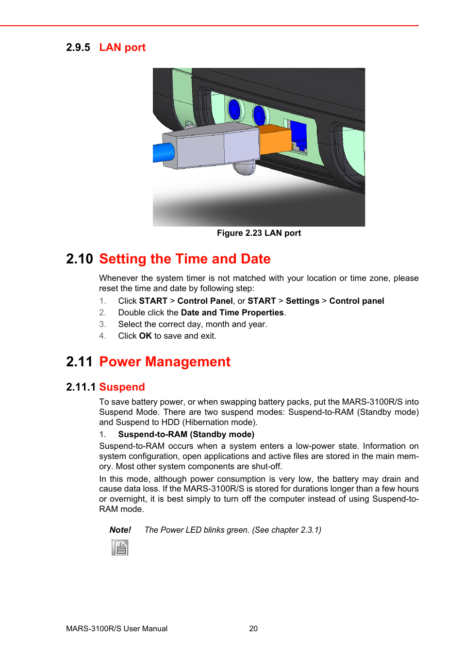 5 lan port, Figure 2.23 lan port, 10 setting the time and date | 11 power management, 1 suspend, Lan port figure 2.23 lan port, Setting the time and date, Power management 2.11.1 suspend | Advantech MARS-3100R/S User Manual | Page 34 / 98