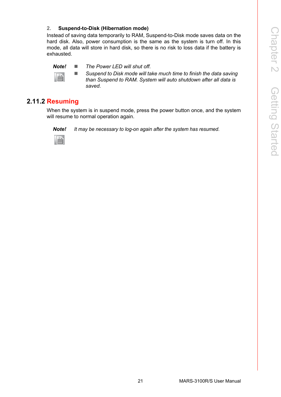 2 resuming, Chapter 2 g etting started | Advantech MARS-3100R/S User Manual | Page 35 / 98