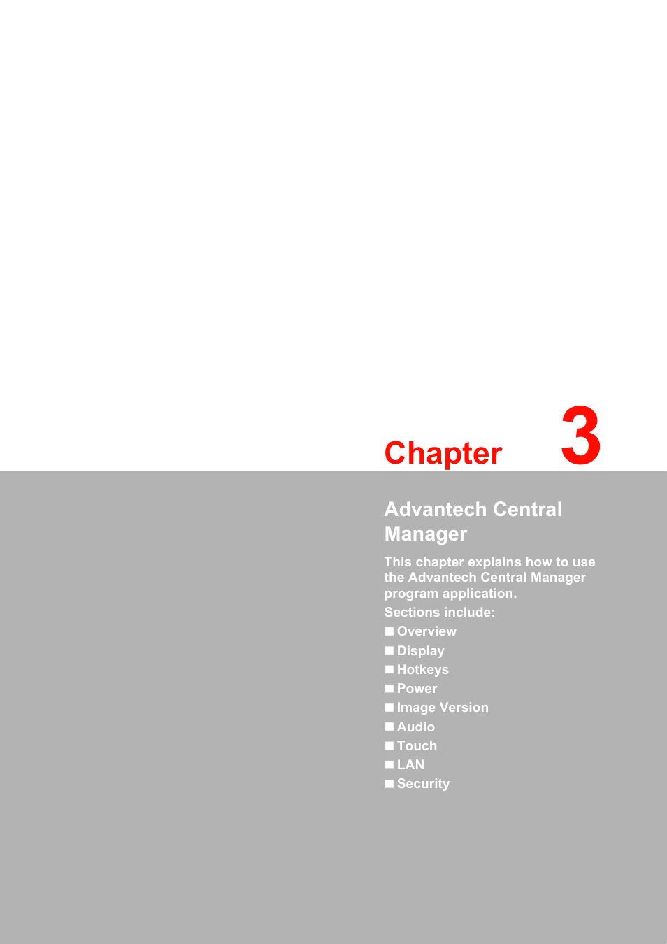 3 advantech central manager, Chapter, Advantech central manager | Advantech MARS-3100R/S User Manual | Page 37 / 98