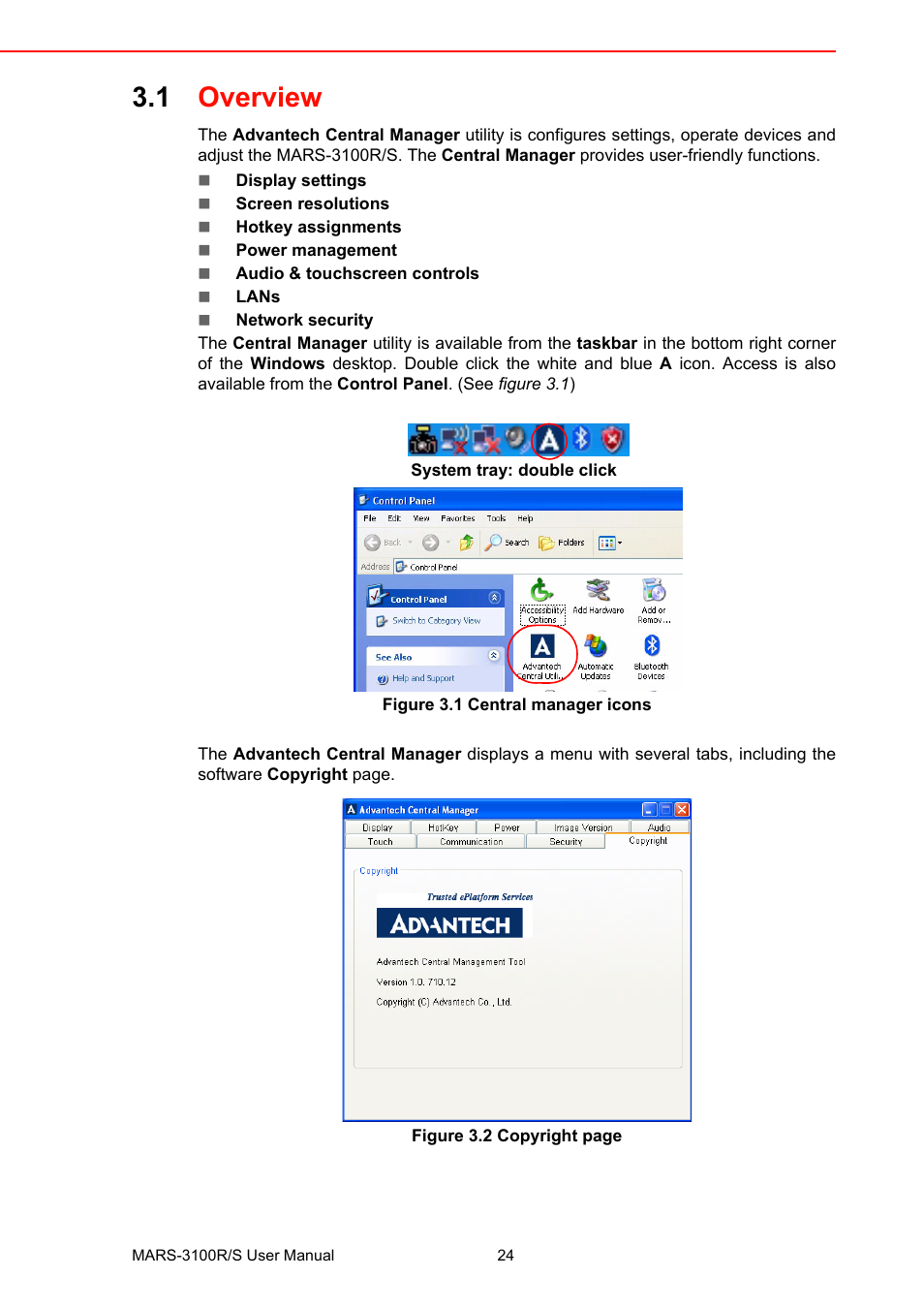 1 overview, Figure 3.1 central manager icons, Overview | Figure 3.1, Central manager icons, Figure 3.2 | Advantech MARS-3100R/S User Manual | Page 38 / 98