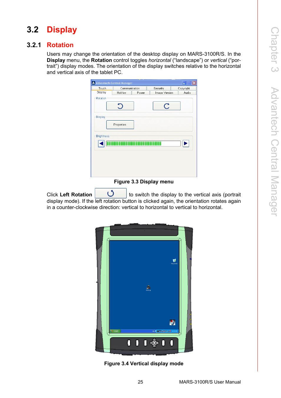 2 display, 1 rotation, Figure 3.3 display menu | Figure 3.4 vertical display mode, Display 3.2.1, Rotation figure 3.3, Display menu, Figure 3.4, Vertical display mode, Chapter 3 a dvantech central m anager | Advantech MARS-3100R/S User Manual | Page 39 / 98