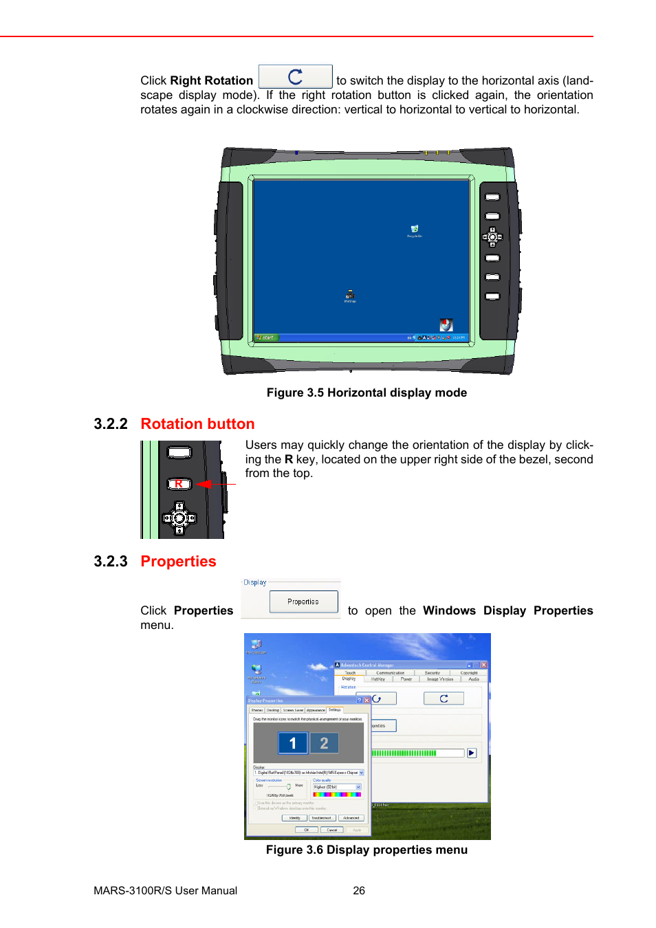 Figure 3.5 horizontal display mode, 2 rotation button, 3 properties | Figure 3.6 display properties menu, Figure 3.5, Horizontal display mode, Rotation button, Properties figure 3.6, Display properties menu | Advantech MARS-3100R/S User Manual | Page 40 / 98